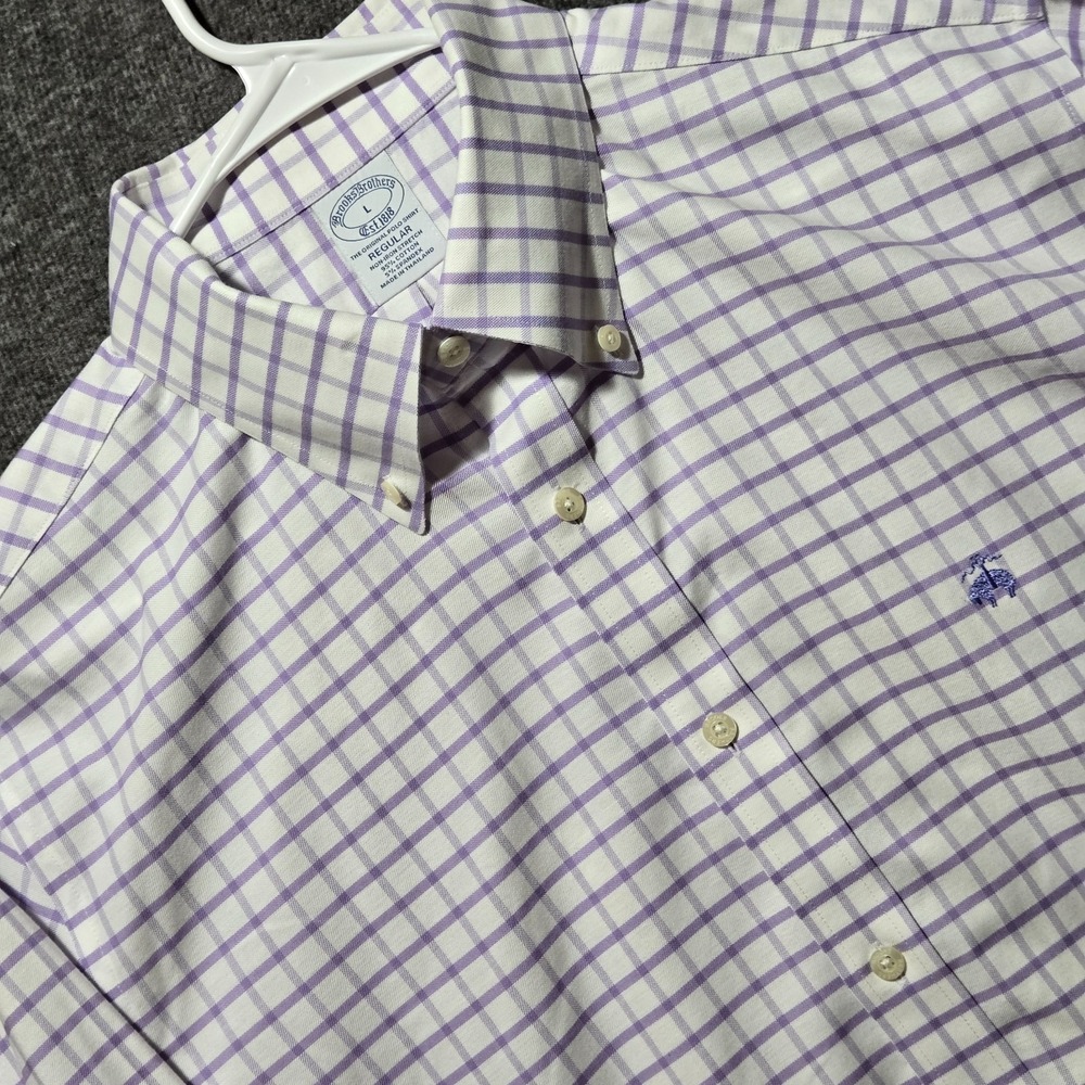 BROOKS BROTHERS Shirt L Non Iron Oxford Regular Purple Check Button Down